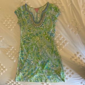 Lilly Pulitzer green and blue dress pom poms